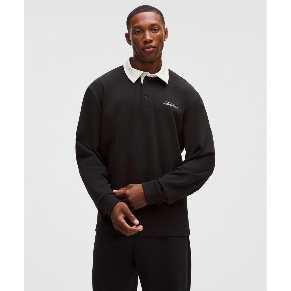 Lululemon Mens Black Long Sleeve Rugby Shirt XXL White Collar Script Logo